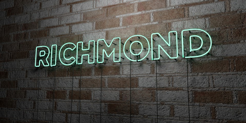 RICHMOND - Glowing Neon Sign on stonework wall - 3D rendered royalty free stock illustration.  Can be used for online banner ads and direct mailers..