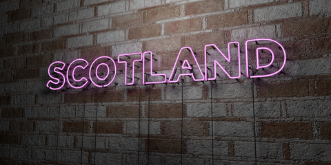 SCOTLAND - Glowing Neon Sign on stonework wall - 3D rendered royalty free stock illustration.  Can be used for online banner ads and direct mailers..