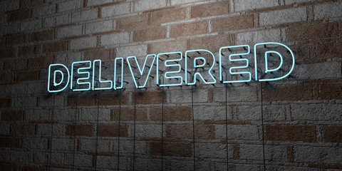 DELIVERED - Glowing Neon Sign on stonework wall - 3D rendered royalty free stock illustration.  Can be used for online banner ads and direct mailers..