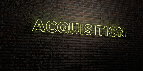 ACQUISITION -Realistic Neon Sign on Brick Wall background - 3D rendered royalty free stock image. Can be used for online banner ads and direct mailers..
