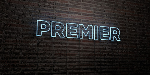 PREMIER -Realistic Neon Sign on Brick Wall background - 3D rendered royalty free stock image. Can be used for online banner ads and direct mailers..