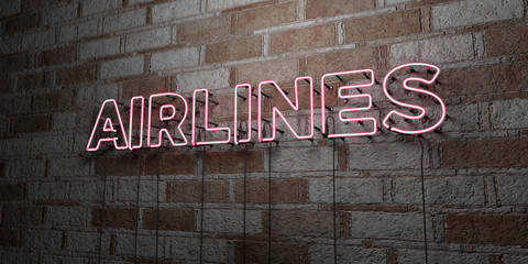 AIRLINES - Glowing Neon Sign on stonework wall - 3D rendered royalty free stock illustration.  Can be used for online banner ads and direct mailers..