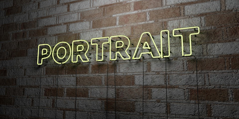 PORTRAIT - Glowing Neon Sign on stonework wall - 3D rendered royalty free stock illustration.  Can be used for online banner ads and direct mailers..