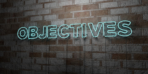 OBJECTIVES - Glowing Neon Sign on stonework wall - 3D rendered royalty free stock illustration.  Can be used for online banner ads and direct mailers..