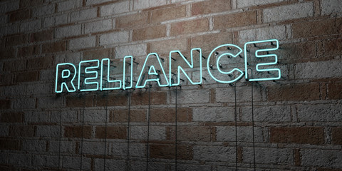 RELIANCE - Glowing Neon Sign on stonework wall - 3D rendered royalty free stock illustration.  Can be used for online banner ads and direct mailers..