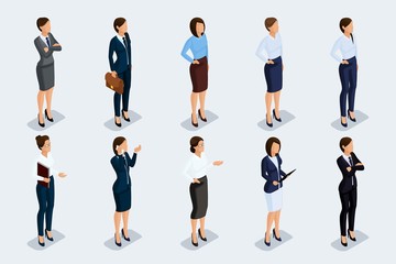 Isometric set of elegant beautiful business woman in business clothing. Business woman doing a job. The modern style of a business woman. Vector illustration