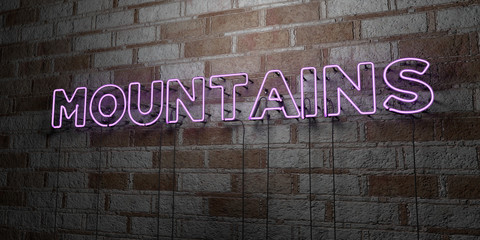 MOUNTAINS - Glowing Neon Sign on stonework wall - 3D rendered royalty free stock illustration.  Can be used for online banner ads and direct mailers..