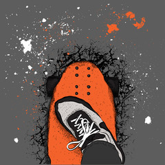 Skateboarder on a skateboard. Grunge background with blots. Vector illustration