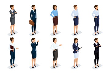 Obraz premium Isometric set of elegant beautiful business woman in business clothing. Business woman doing a job. The modern style of a business woman on a white background