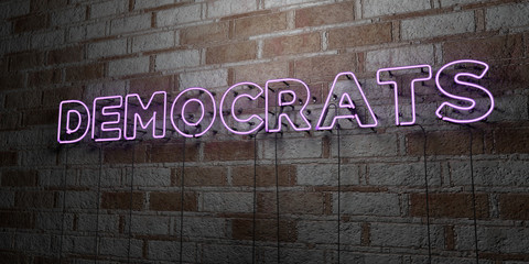 DEMOCRATS - Glowing Neon Sign on stonework wall - 3D rendered royalty free stock illustration.  Can be used for online banner ads and direct mailers..