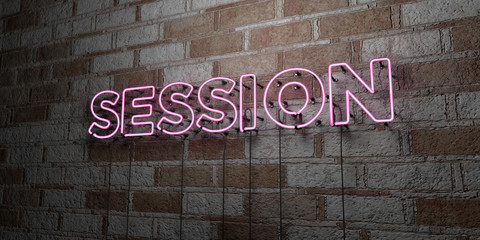 SESSION - Glowing Neon Sign on stonework wall - 3D rendered royalty free stock illustration.  Can be used for online banner ads and direct mailers..