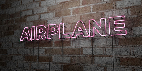 AIRPLANE - Glowing Neon Sign on stonework wall - 3D rendered royalty free stock illustration.  Can be used for online banner ads and direct mailers..