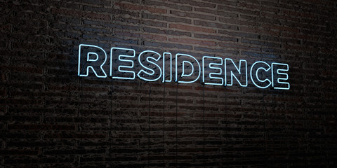 RESIDENCE -Realistic Neon Sign on Brick Wall background - 3D rendered royalty free stock image. Can be used for online banner ads and direct mailers..