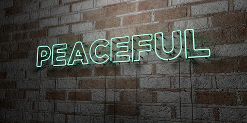 PEACEFUL - Glowing Neon Sign on stonework wall - 3D rendered royalty free stock illustration.  Can be used for online banner ads and direct mailers..