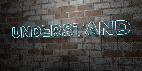 Fototapeta na wymiar UNDERSTAND - Glowing Neon Sign on stonework wall - 3D rendered royalty free stock illustration. Can be used for online banner ads and direct mailers..