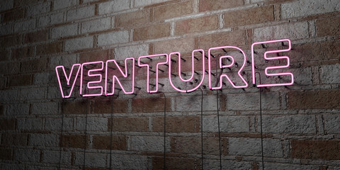 Fototapeta na wymiar VENTURE - Glowing Neon Sign on stonework wall - 3D rendered royalty free stock illustration. Can be used for online banner ads and direct mailers..