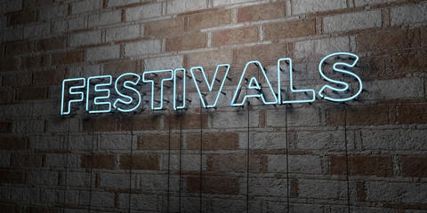 FESTIVALS - Glowing Neon Sign on stonework wall - 3D rendered royalty free stock illustration.  Can be used for online banner ads and direct mailers..
