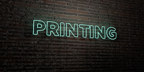 PRINTING -Realistic Neon Sign on Brick Wall background - 3D rendered royalty free stock image. Can be used for online banner ads and direct mailers..