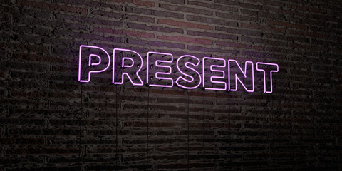 PRESENT -Realistic Neon Sign on Brick Wall background - 3D rendered royalty free stock image. Can be used for online banner ads and direct mailers..