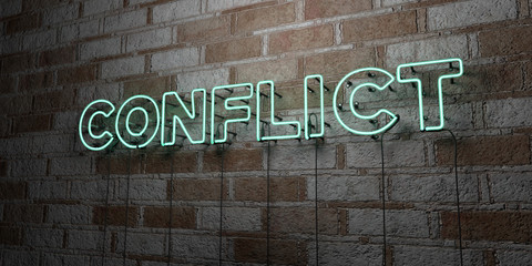 CONFLICT - Glowing Neon Sign on stonework wall - 3D rendered royalty free stock illustration.  Can be used for online banner ads and direct mailers..