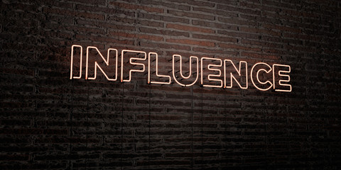 INFLUENCE -Realistic Neon Sign on Brick Wall background - 3D rendered royalty free stock image. Can be used for online banner ads and direct mailers..