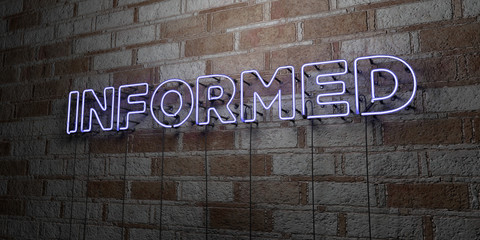 INFORMED - Glowing Neon Sign on stonework wall - 3D rendered royalty free stock illustration.  Can be used for online banner ads and direct mailers..