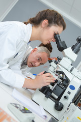 Naklejka na ściany i meble male and female scientists using microscopes in laboratory
