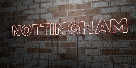 NOTTINGHAM - Glowing Neon Sign on stonework wall - 3D rendered royalty free stock illustration.  Can be used for online banner ads and direct mailers..