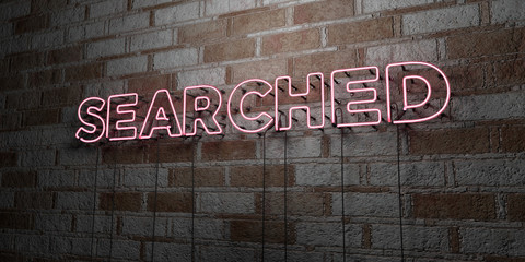 SEARCHED - Glowing Neon Sign on stonework wall - 3D rendered royalty free stock illustration.  Can be used for online banner ads and direct mailers..