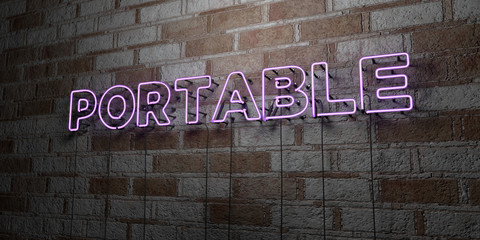 PORTABLE - Glowing Neon Sign on stonework wall - 3D rendered royalty free stock illustration.  Can be used for online banner ads and direct mailers..
