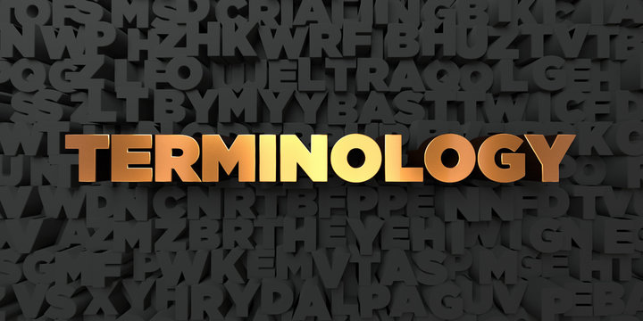 Terminology - Gold text on black background - 3D rendered royalty free stock picture. This image can be used for an online website banner ad or a print postcard.