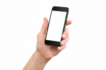 Mockup of male hand holding black cellphone isolated 