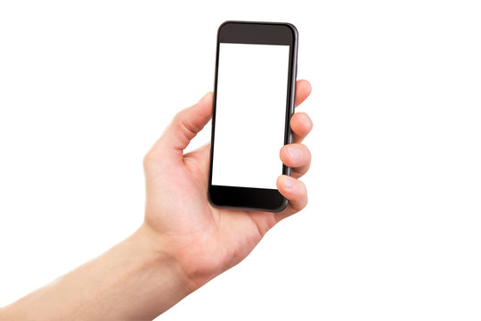 Mockup of male hand holding black cellphone isolated