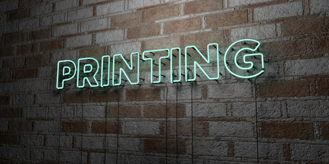 PRINTING - Glowing Neon Sign on stonework wall - 3D rendered royalty free stock illustration.  Can be used for online banner ads and direct mailers..