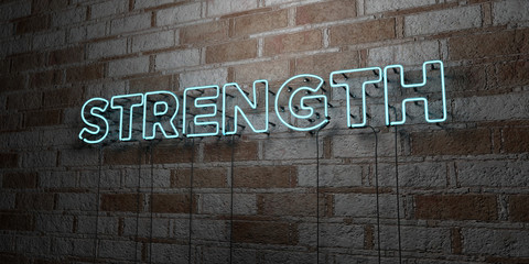 STRENGTH - Glowing Neon Sign on stonework wall - 3D rendered royalty free stock illustration.  Can be used for online banner ads and direct mailers..