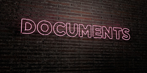 DOCUMENTS -Realistic Neon Sign on Brick Wall background - 3D rendered royalty free stock image. Can be used for online banner ads and direct mailers..