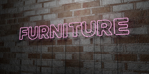 FURNITURE - Glowing Neon Sign on stonework wall - 3D rendered royalty free stock illustration.  Can be used for online banner ads and direct mailers..