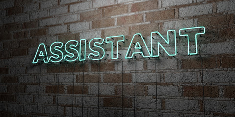 ASSISTANT - Glowing Neon Sign on stonework wall - 3D rendered royalty free stock illustration.  Can be used for online banner ads and direct mailers..