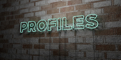 PROFILES - Glowing Neon Sign on stonework wall - 3D rendered royalty free stock illustration.  Can be used for online banner ads and direct mailers..