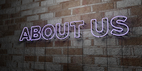 ABOUT US - Glowing Neon Sign on stonework wall - 3D rendered royalty free stock illustration.  Can be used for online banner ads and direct mailers..