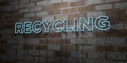 RECYCLING - Glowing Neon Sign on stonework wall - 3D rendered royalty free stock illustration.  Can be used for online banner ads and direct mailers..