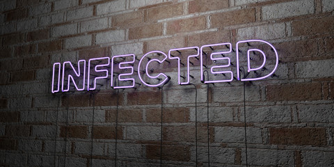 INFECTED - Glowing Neon Sign on stonework wall - 3D rendered royalty free stock illustration.  Can be used for online banner ads and direct mailers..