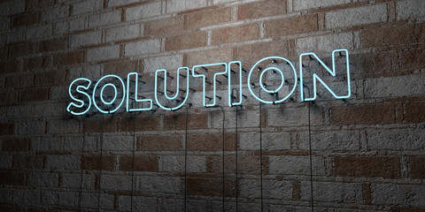 SOLUTION - Glowing Neon Sign on stonework wall - 3D rendered royalty free stock illustration.  Can be used for online banner ads and direct mailers..