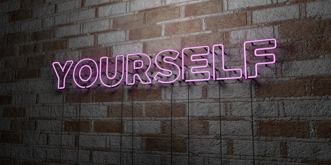 YOURSELF - Glowing Neon Sign on stonework wall - 3D rendered royalty free stock illustration.  Can be used for online banner ads and direct mailers..