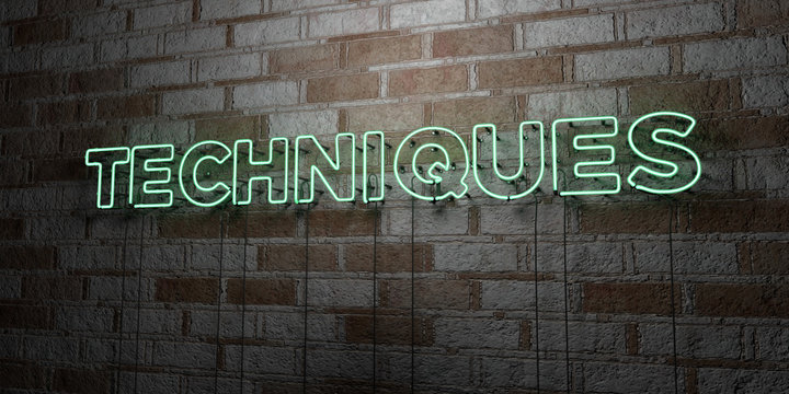 TECHNIQUES - Glowing Neon Sign on stonework wall - 3D rendered royalty free stock illustration.  Can be used for online banner ads and direct mailers..
