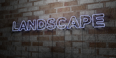 LANDSCAPE - Glowing Neon Sign on stonework wall - 3D rendered royalty free stock illustration.  Can be used for online banner ads and direct mailers..