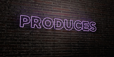 PRODUCES -Realistic Neon Sign on Brick Wall background - 3D rendered royalty free stock image. Can be used for online banner ads and direct mailers..