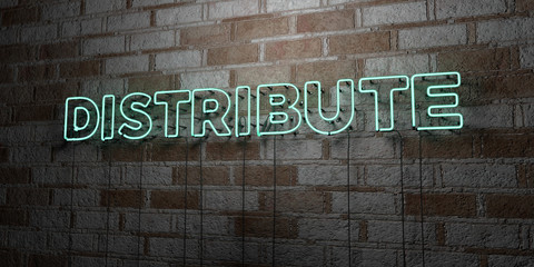 DISTRIBUTE - Glowing Neon Sign on stonework wall - 3D rendered royalty free stock illustration.  Can be used for online banner ads and direct mailers..