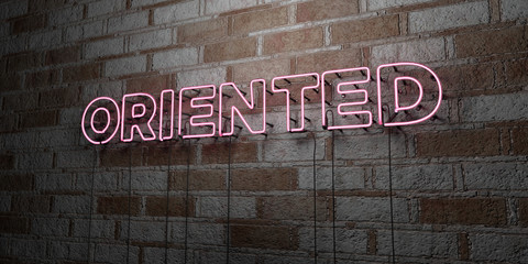 ORIENTED - Glowing Neon Sign on stonework wall - 3D rendered royalty free stock illustration.  Can be used for online banner ads and direct mailers..