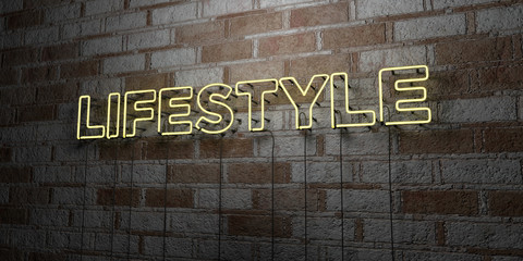 LIFESTYLE - Glowing Neon Sign on stonework wall - 3D rendered royalty free stock illustration.  Can be used for online banner ads and direct mailers..